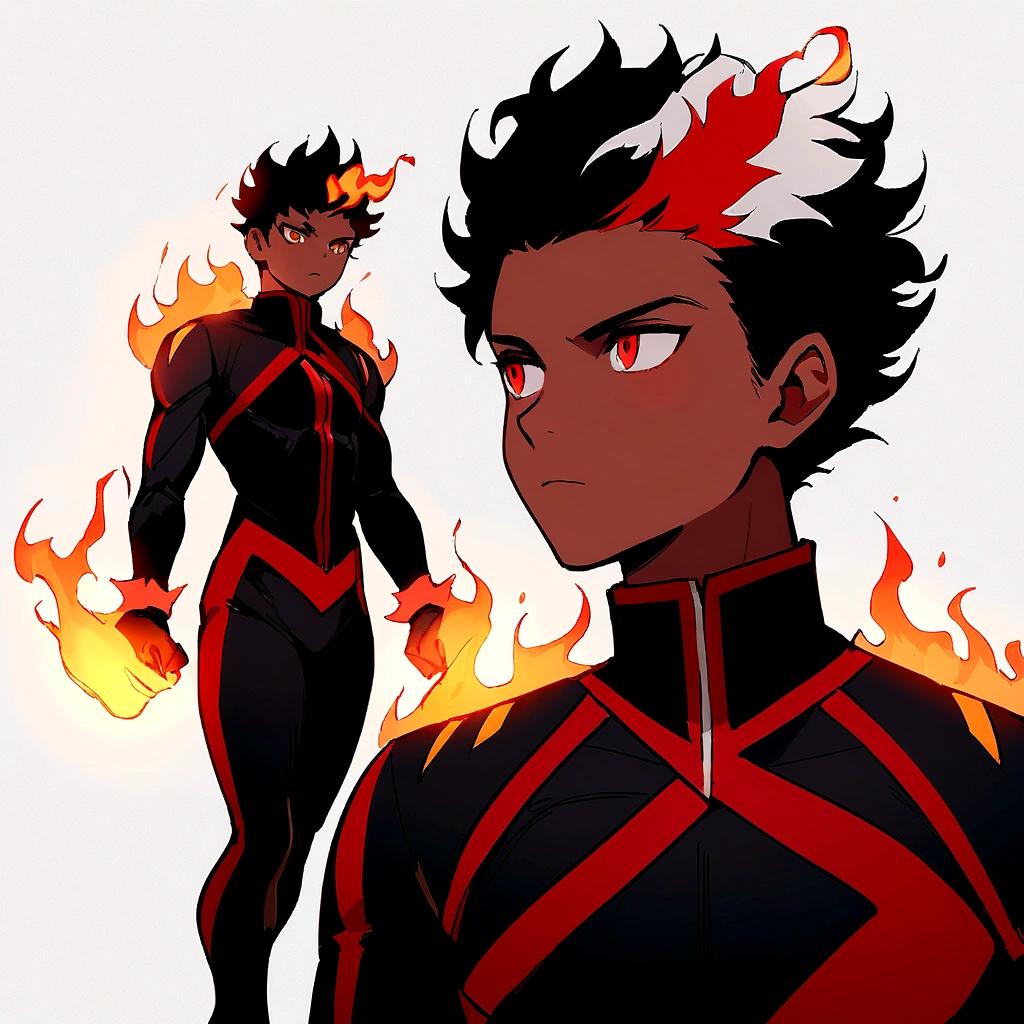 Black teenager using fire powers in black superhero costume with red lines