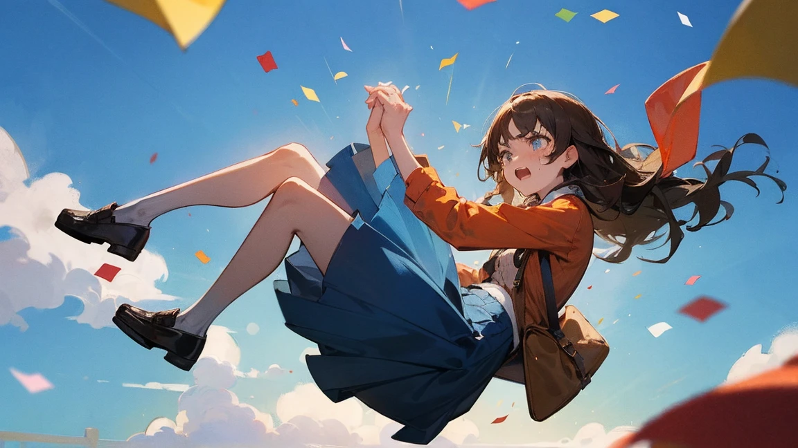 ((Highest quality)), ((masterpiece)), ((Very detailed)),Floating Girl,Angry expression,Confetti,Brown Hair,tears,Blue sky background,Feet in the air,tears,Long skirt,loafers,Raise both hands,falling girl,hold hands
