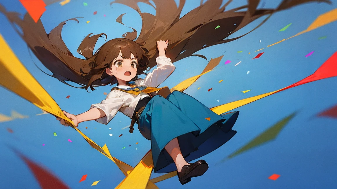 ((Highest quality)), ((masterpiece)), ((Very detailed)),Floating Girl,Angry expression，Confetti，Brown Hair,tears,Blue sky background,Feet in the air,tears,Long skirt,loafers,Raise both hands,falling girl,hold hands