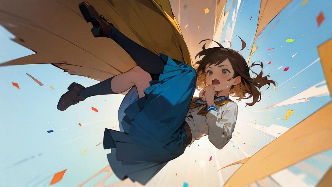 ((Highest quality)), ((masterpiece)), ((Very detailed)),Floating Girl,Angry expression,Confetti,Brown Hair,tears,Blue sky background,Feet in the air,tears,Long skirt,loafers,Raise both hands,falling girl,hold hands