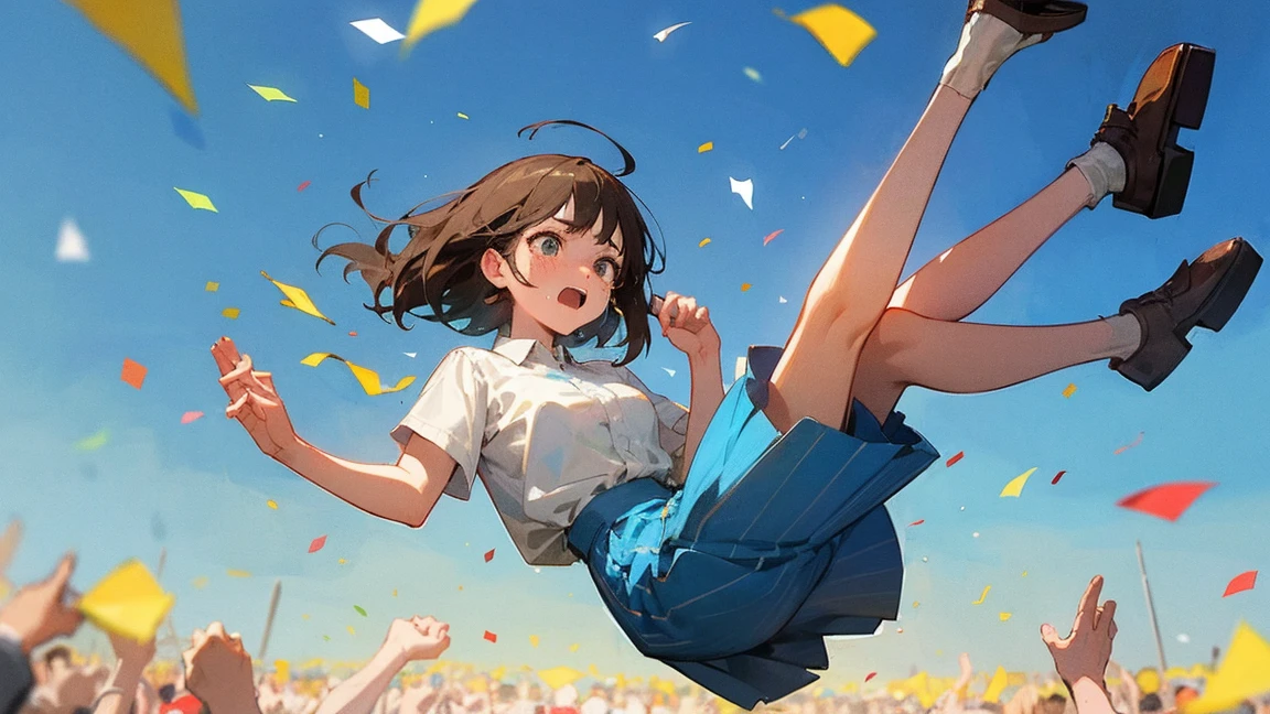 ((Highest quality)), ((masterpiece)), ((Very detailed)),Floating Girl,Angry expression，Confetti，Brown Hair,tears,Blue sky background,Feet in the air,tears,Long skirt,loafers,Raise both hands,falling girl,hold hands