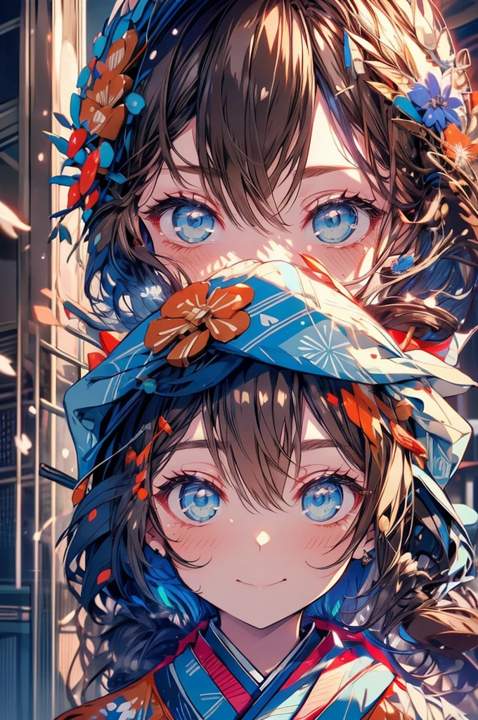 (Pieces fly), (Highest quality), Very detailed, 1 Girl, Focus Only,Perfect Face, Cute face, Very detailedな顔,(Brown Hair:1.3),(blue eyes:1.3),Light,smile,new year,(kimono:1.4),shrine