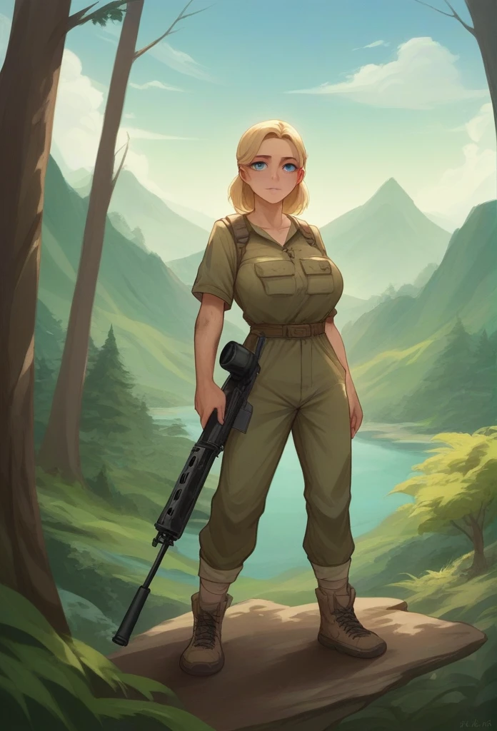 ภาพคนจริง,A 25-year-old Western girl, beautiful, blonde hair, blue eyes, large breasts, wearing an old, dirty hiking outfit, standing at the edge of a cliff holding an M-16 rifle.,mountain,rainforest,ความละเอียดสูง