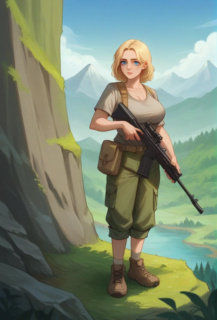 (masterpiece),(best quality),cinematic lighting,1girl,twinklenora, <lora:TwinkleNora:0.8>,long hair,hat,short sleeves,belt,brown clothes,elbow gloves,medium breasts,holster,shorts,standing,full body,arms at sides,facing viewer,smiling,pouch,on beautiful mountain plateau,foggy,knee boots