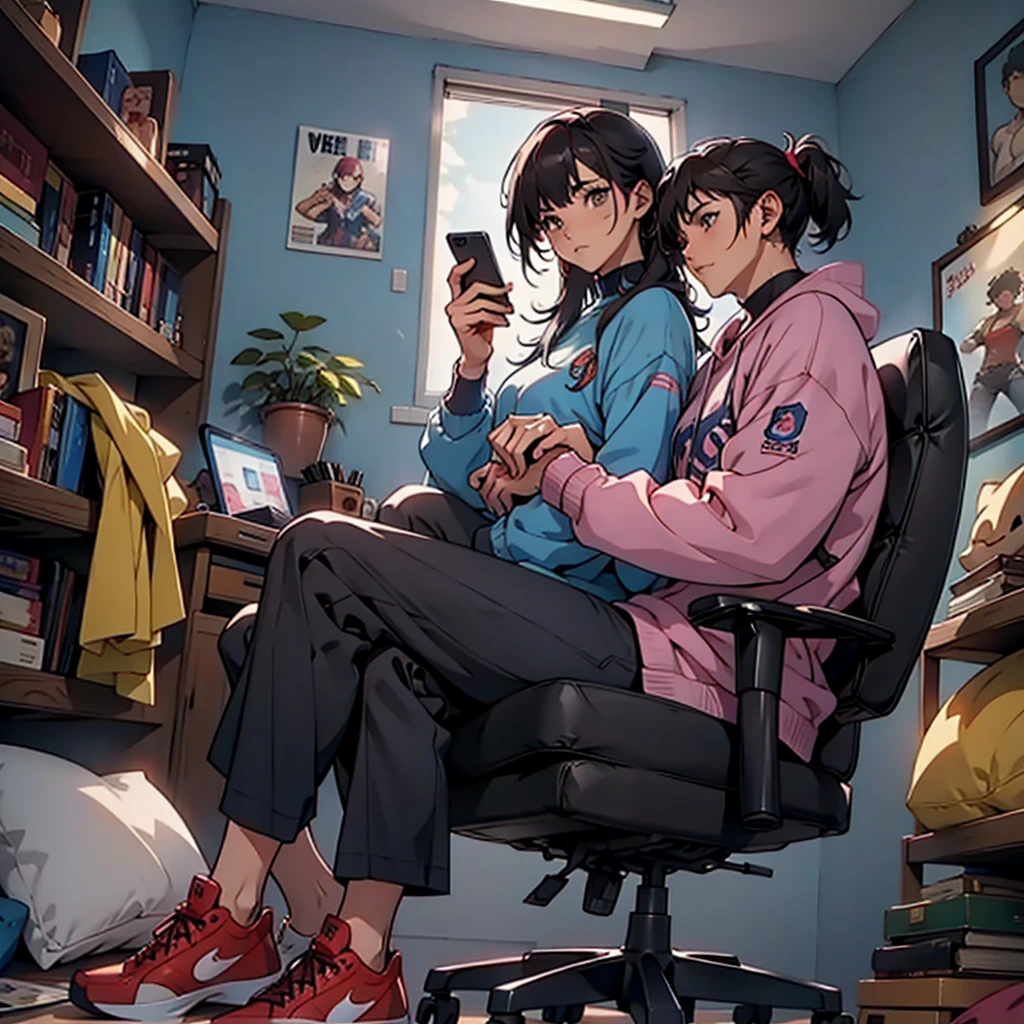 Junkotvv and neocruz playing video games together in a room full of 80s style anime and posters in neon tones with video game controllers in their hands and enjoying