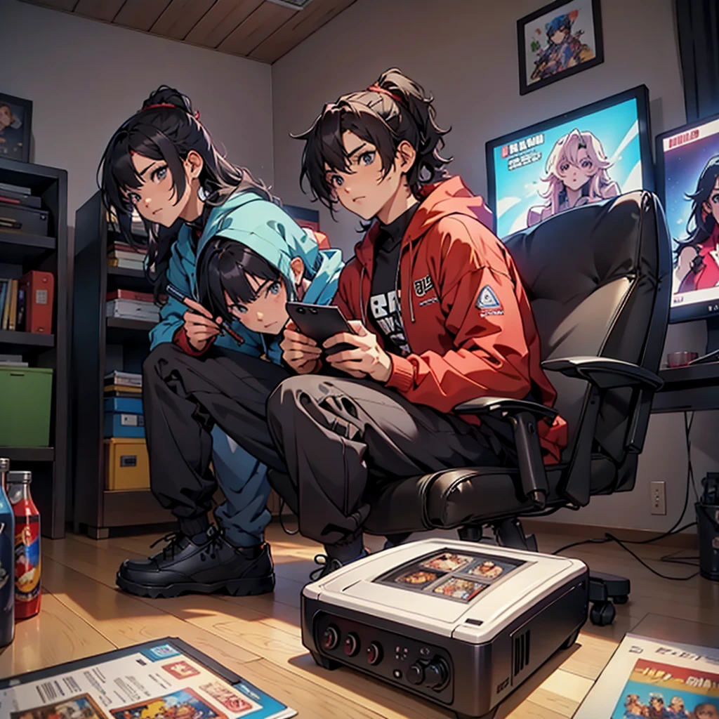 Junkotvv and neocruz playing video games together in a room full of 80s style anime and posters in neon tones with video game controllers in their hands and enjoying