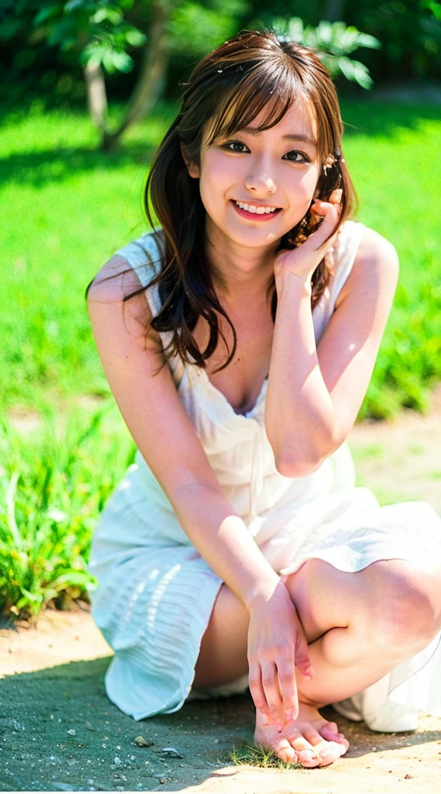 (Small Tits), (18-year-old), (very small head), dawn, sunlight, (Perfect body:1.1), (8K), (Very delicate and beautiful), (Highest quality:1.0), (Realistic), Realistic Shadows, (High resolution:1.0), Detailed skin, Very detailed, the body is slim, (Beautiful Hair, Real Hair, Thinning hair), blush, Realistic, Realistic Face, Realistic eyes, Small eyes, smile, (eyeliner), (mascara), (eye shadow), whole body、Open leg pose、Nipples、naked、Thick pubic hair、Layered Hairstyles