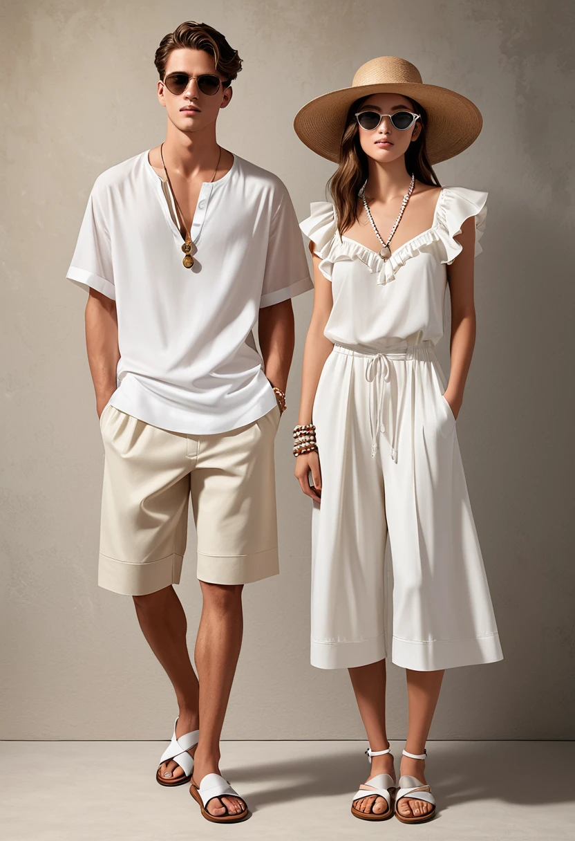 candid fashion illustration of young man and woman, both aged 20 year old, ((showcase fashion in a White cotton-rayon outfits)), inspired by Christian Dior's resort collection in elegant bohemian style. The man wears an oversized short-sleeved white shirt, paired with relaxed-fit white Drawstring short Pants, He completes his look with white leather-strap flip-flops, wooden-framed sunglasses, and a woven bracelet. The woman complements him in a white rayon dress with Drawstring and ruffle ruffle skirt details, Her ensemble includes an accessorizes with a wide-brimmed straw hat, beaded-strap sandals and necklace. Captured in a ((full-body pose)), ((paper material background)), realistic charcoal lines, imperfect drawing, charcoal lines, fading sketch, quick Sketch, (Eddie Mauro-mix), HD high resolution,style of surrealism,Best texture,(Skin texture portrayal:1.2),Fair and translucent skin,(Extremely detailed depiction of facial features:1.4),Refined makeup,Eye detail portrayal,The pupils are bright,(Hair details depicted:1.4),Lips are shiny and delicate,(The ultimate in face portrayal:1.4),Light-sensitive,Chasing the light,Hyper Real,Nikon D850,SLR shooting texture,HDR,