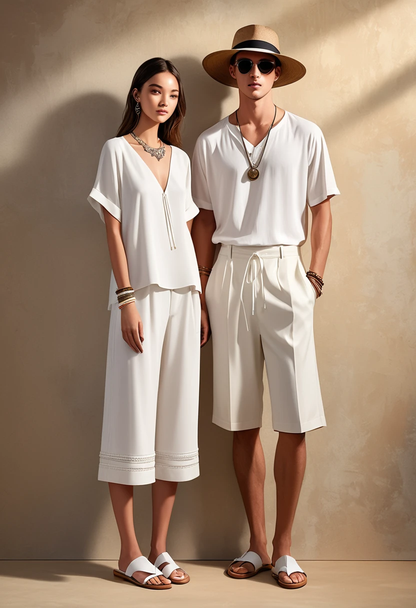 candid fashion illustration of young man and woman, both aged 20 year old, ((showcase fashion in a White cotton-rayon outfits)), inspired by Christian Dior's resort collection in elegant bohemian style. The man wears an oversized short-sleeved white shirt, paired with relaxed-fit white Drawstring short Pants, He completes his look with white leather-strap flip-flops, wooden-framed sunglasses, and a woven bracelet. The woman complements him in a white rayon dress with Drawstring and ruffle ruffle skirt details,  Her ensemble includes an accessorizes with a wide-brimmed straw hat, beaded-strap sandals and necklace. Captured in a ((full-body pose)), ((paper material background)), realistic charcoal lines, imperfect drawing, charcoal lines, fading sketch, quick Sketch, (Eddie Mauro-mix), HD high resolution，style of surrealism，Best texture，（Skin texture portrayal：1.2），Fair and translucent skin，（Extremely detailed depiction of facial features：1.4），Refined makeup，Eye detail portrayal，The pupils are bright，（Hair details depicted:1.4），Lips are shiny and delicate，（The ultimate in face portrayal:1.4），Light-sensitive，Chasing the light，Hyper Real，Nikon D850，SLR shooting texture，HDR，