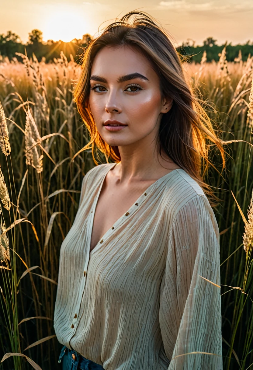 a woman standing in a field of tall grass with the sun setting, gorgeous woman, cinematic beautiful natural skin, attractive woman, attractive girl, photo of a beautiful woman, gorgeous attractive face, extremely beautiful face, in a field, beautiful female model, portrait of a beautiful model, soft portrait shot 8 k, beautiful delicate face, a beautiful young woman, attractive beautiful face