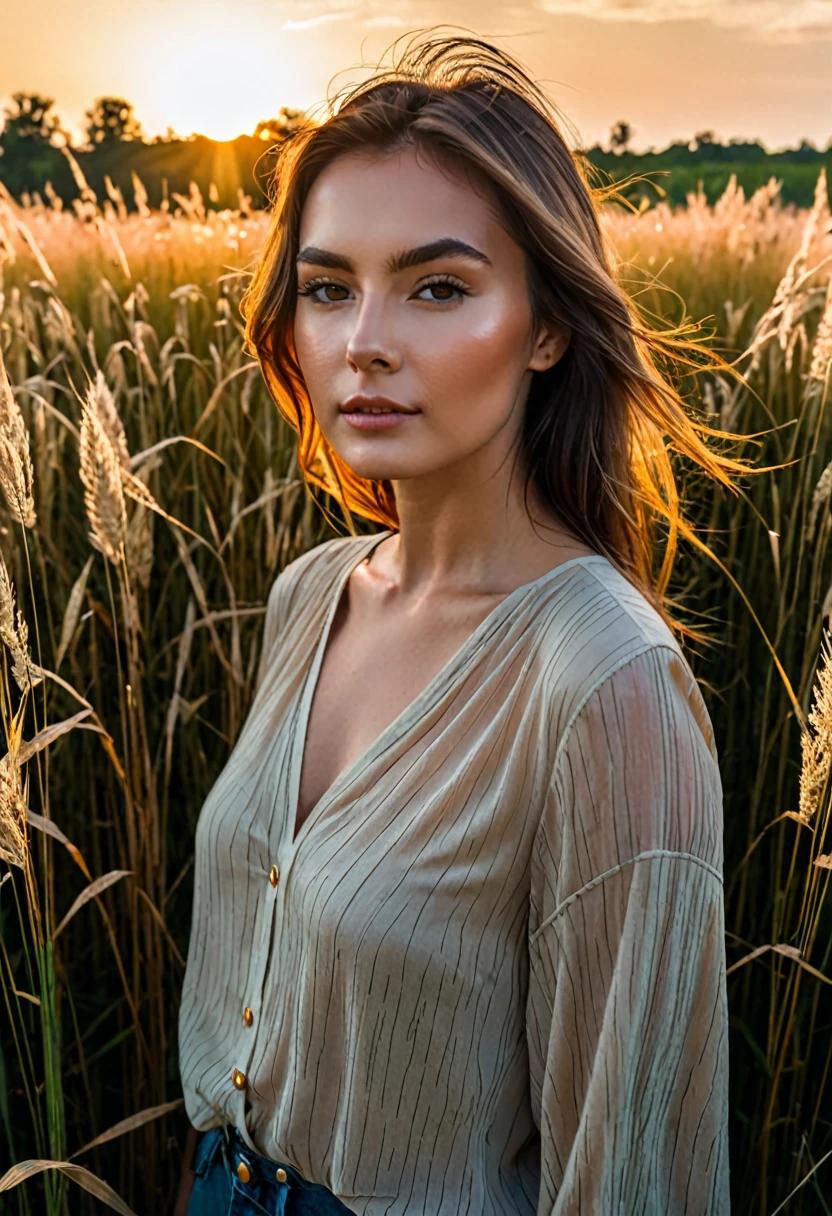 a woman standing in a field of tall grass with the sun setting, gorgeous woman, cinematic beautiful natural skin, attractive woman, attractive girl, photo of a beautiful woman, gorgeous attractive face, extremely beautiful face, in a field, beautiful female model, portrait of a beautiful model, soft portrait shot 8 k, beautiful delicate face, a beautiful young woman, attractive beautiful face
