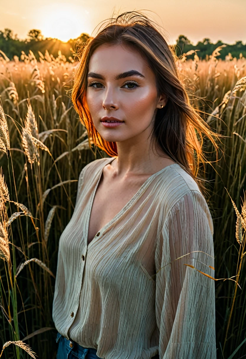 a woman standing in a field of tall grass with the sun setting, gorgeous woman, cinematic beautiful natural skin, attractive woman, attractive girl, photo of a beautiful woman, gorgeous attractive face, extremely beautiful face, in a field, beautiful female model, portrait of a beautiful model, soft portrait shot 8 k, beautiful delicate face, a beautiful young woman, attractive beautiful face