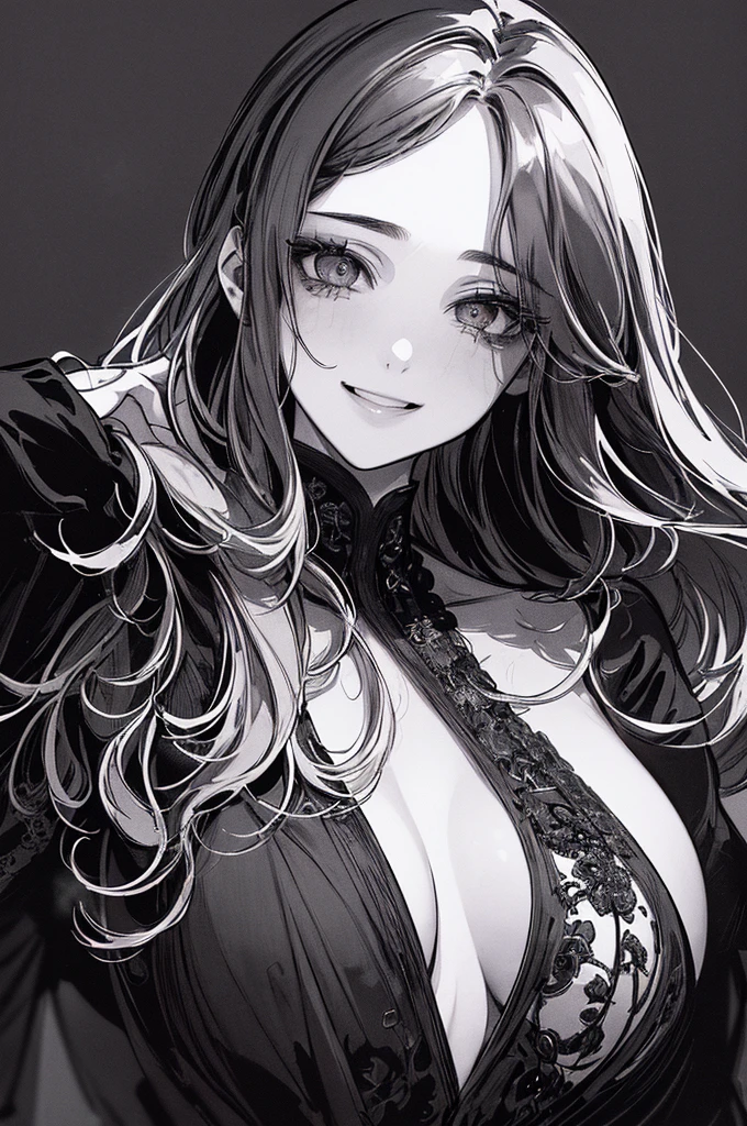 masterpiece、8K、Highest quality, (Background details), High Contrast, Very beautiful girl, 10th Generation、Detailed original illustration、Detailed shading、functional、Delicate face、Charm、Villainess、y、Real breazy Smile, Crazy Eyes,、Head close-up, Black background, (Black background: 1.5), Beautiful line art、Monochrome