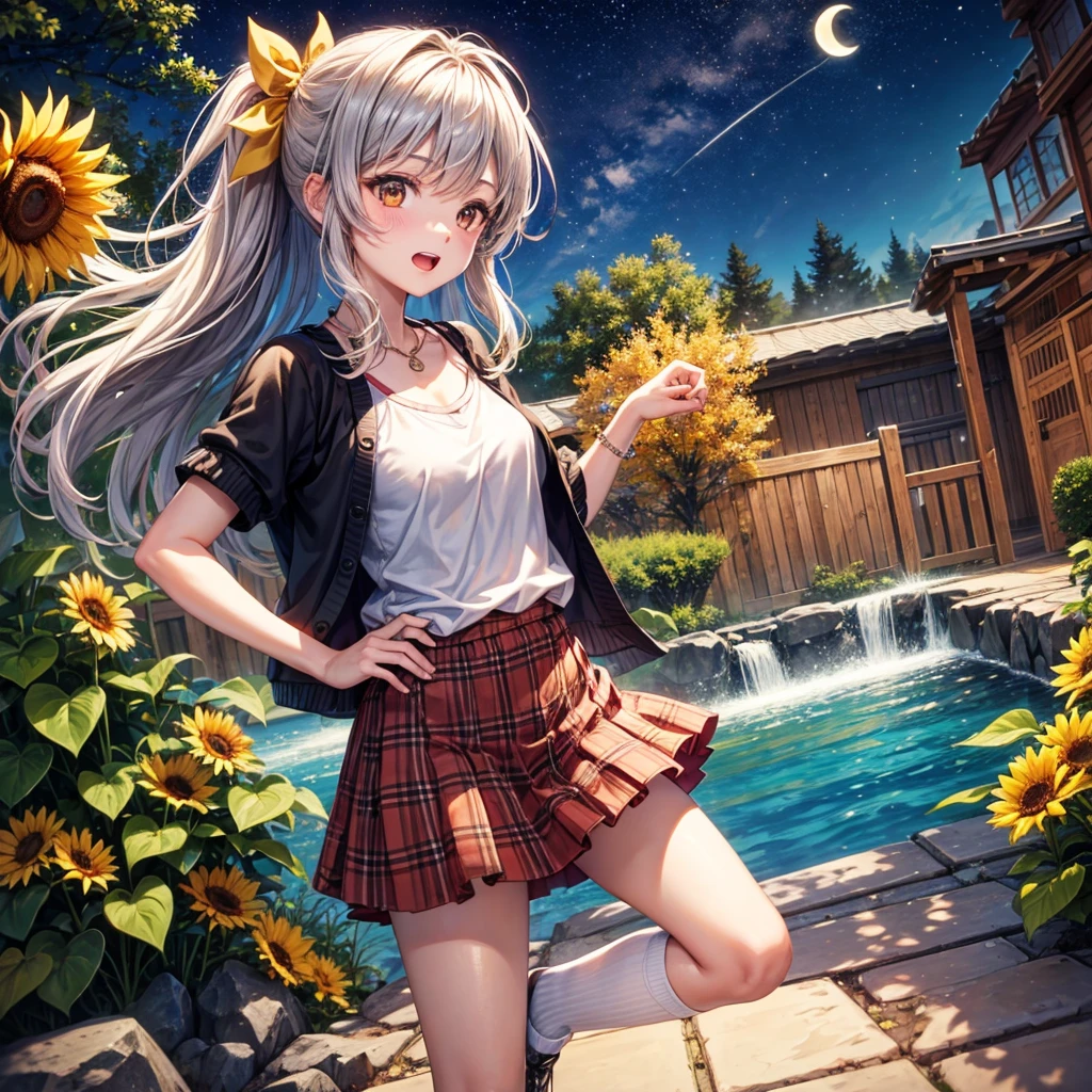 Red, brown, gold, gold hair、Golden Eyes、Hair tied up、One good looking girl、solo、anime、Checkered mini skirt、Ruffles on the skirt、camisole、Lightweight cardigan、Black knee-high socks、Wearing a baseball cap、Ribbon、Ribbon on waist、Teeth are visible、Silver coin necklace、From above、Sunflower Tunnel、Cobblestones、waterfall、Have sunflowers、Starry Sky、Midnight Moon、Winding Road、Unlocking、suspension bridge、Soap bubbles are flying