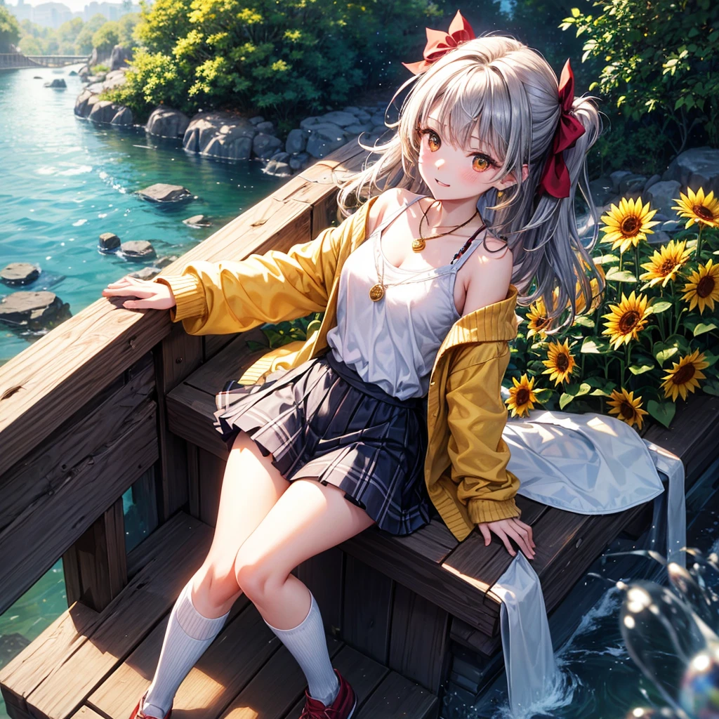 Red, brown, gold, gold hair、Golden Eyes、Hair tied up、One good looking girl、solo、anime、Checkered mini skirt、Ruffles on the skirt、camisole、Lightweight cardigan、Black knee-high socks、Wearing a baseball cap、Ribbon、Ribbon on waist、Teeth are visible、Silver coin necklace、From above、Sunflower Tunnel、Cobblestones、waterfall、Have sunflowers、Starry Sky、Midnight Moon、Winding Road、Unlocking、suspension bridge、Soap bubbles are flying