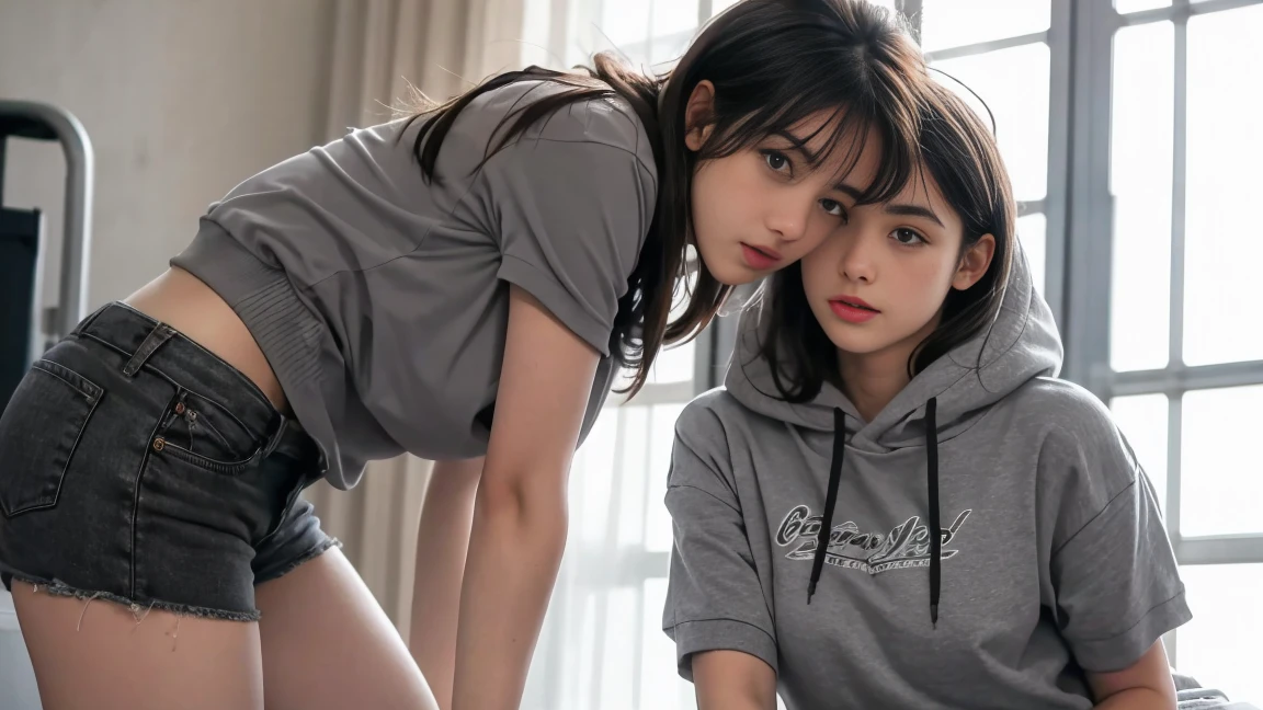 deux femmes ensemble de 18 ans sexy et mince , gray short sleeve hoodie , salle de classe, se touche,position sey,sensuel