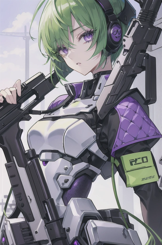 detailed、Slit eyes、Beautiful eyelashes、Purple Eyes、short hair、Green Hair、Upper Body、8K.I have a gun、girl、cyber-clothes、Brave face、
