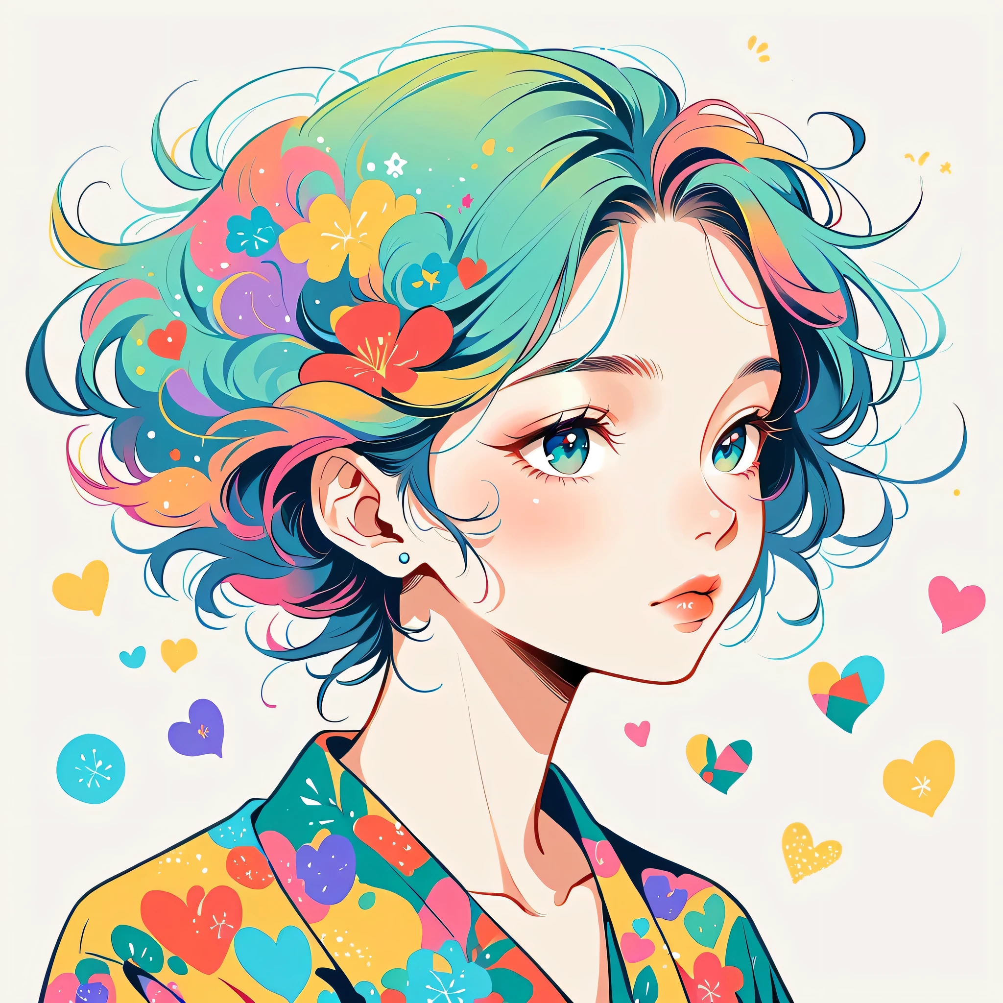 Masayo style, Simple Line Initialism，Abstract art, colorful hearts ,colorful hearts, (((The most beautiful girl of all time))), Space Travel, Cute and colorful amoeba, Lips in love
