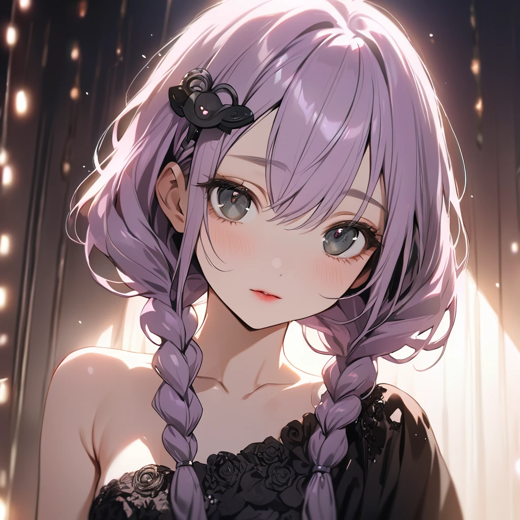 (Cute a girl:1.5), (a girl with closs hair pin,pale purple hair,wavy two braids,bluntbangs hair,green and black eyes,look at viewer :1.4),
(masterpiece:1.3), anime visual, (Lovey-dovey:1.5), (tilt head:1.3), extremely delicate face, soft clean focus, realistic lighting and shading, (an extremely delicate and beautiful art:1.3), elegant, (muted colors:1.1), small breast,slim,One-shoulder jet black wedding dress, crimson lips, upturned eyes, portrait, wide open eyes, silver light effect in the background,