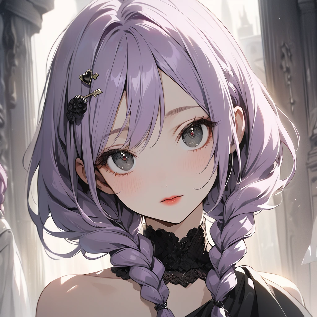 (Cute a girl:1.5), (a girl with closs hair pin,pale purple hair,wavy two braids,bluntbangs hair,green and black eyes,look at viewer :1.4),
(masterpiece:1.3), anime visual, (Lovey-dovey:1.5), (tilt head:1.3), extremely delicate face, soft clean focus, realistic lighting and shading, (an extremely delicate and beautiful art:1.3), elegant, (muted colors:1.1), small breast,slim,One-shoulder jet black wedding dress, crimson lips, upturned eyes, portrait, wide open eyes, silver light effect in the background,