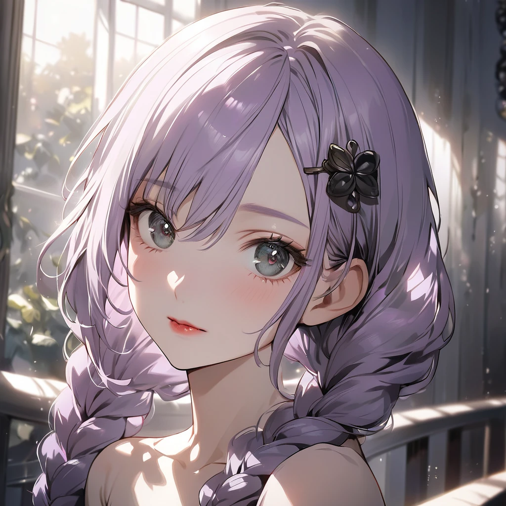 (Cute a girl:1.5), (a girl with closs hair pin,pale purple hair,wavy two braids,bluntbangs hair,green and black eyes,look at viewer :1.4),
(masterpiece:1.3), anime visual, (Lovey-dovey:1.5), (tilt head:1.3), extremely delicate face, soft clean focus, realistic lighting and shading, (an extremely delicate and beautiful art:1.3), elegant, (muted colors:1.1), small breast,slim,One-shoulder jet black wedding dress, crimson lips, upturned eyes, portrait, wide open eyes, silver light effect in the background,