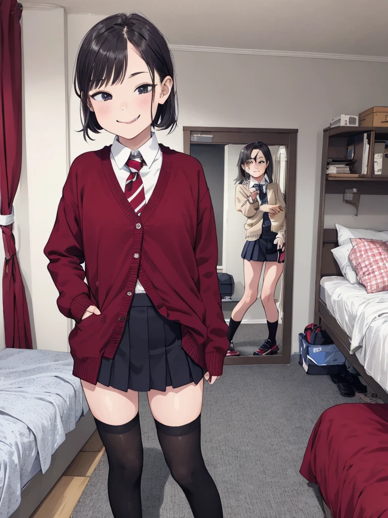 1girl,6yo,(ite),my room,,standing,uniform,cardigans,miniskirt,looking viewer,(smirk),thighhighs,shoes