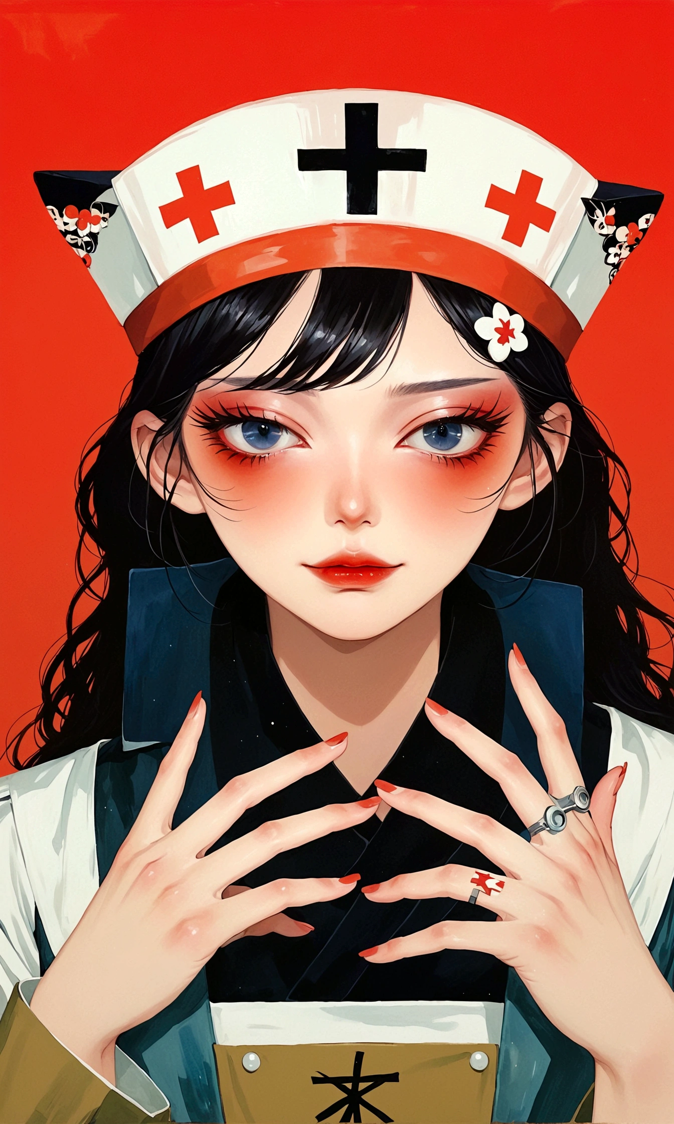 girl，Nurse hat，Eyes painted on hands，Japanese horror style Japanese pop surrealism, author：Yukika Kosaka, Nguyen Gia and Joao Nguyen, 
