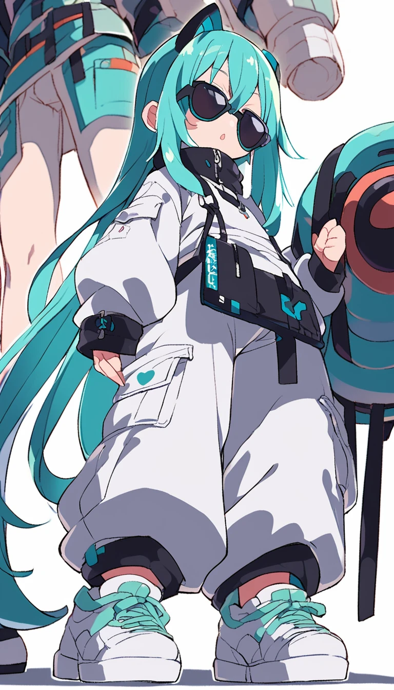 2 people、初音Miku、Miku、Black belly-baring clothing、Are standing、cool、Black horizontal sunglasses、Opaque sunglasses、White platform sneakers、Put your hands in your trouser pockets、White Cargo Pants、Baggy clothes、pop、popな画質、Grainy-looking image quality、cute、Are standing、View from a little below、whole body、White background、