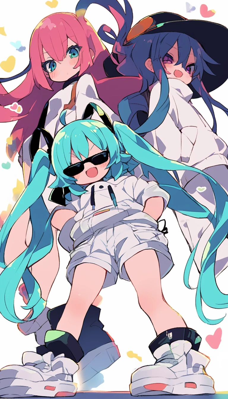 2 people、初音Miku、Miku、Black belly-baring clothing、Are standing、cool、Black horizontal sunglasses、Opaque sunglasses、White platform sneakers、Put your hands in your trouser pockets、White Cargo Pants、Baggy clothes、pop、popな画質、Grainy-looking image quality、cute、Are standing、View from a little below、whole body、White background、