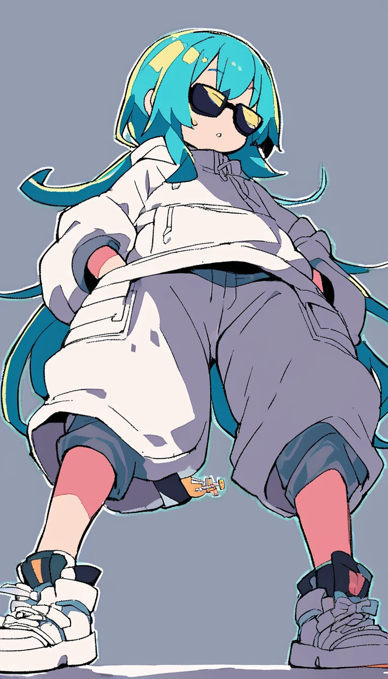 2 people、初音Miku、Miku、Black belly-baring clothing、Are standing、cool、Black horizontal sunglasses、Opaque sunglasses、White platform sneakers、Put your hands in your trouser pockets、White Cargo Pants、Baggy clothes、pop、popな画質、Grainy-looking image quality、cute、Are standing、View from a little below、whole body、White background、