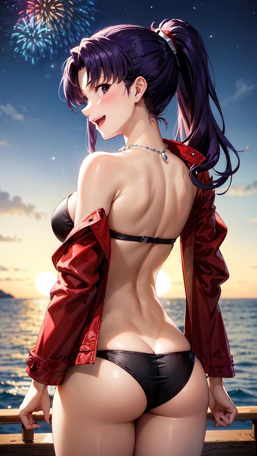 Masterpiece ,best quality , high resolution , ultra detail , colorful , soft light , mild light , sunlight , shinny , (perfect fingers , Detailed fingers, perfect hands) , (1 girl solo:1.38) , (Misato katsuragi) , (black eyes, ponytail , purple hair, medium_long_hair, make up, necklace, tall, slim body) , (wear bikini , red jacket , strapless , head tilt) , (cleavage:1.15) , (big breast:1.1) , (outdoor, firework , on neach , sea , ocean ,  night , moonlight , romance light) , (standing cowboy shot) , ( full face blush , shy , smile , open mouth) , (back view , from nehind , head back , looking view)