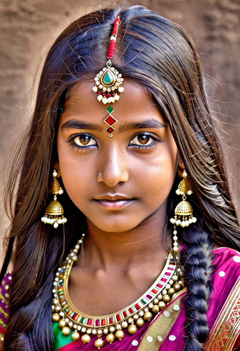 Generate a closeup portrait of a beautiful -yeld Inn girl. She should be adorned in a traditional Indian costume and makeup. Her very long hair should be carefully styled. The image should capture her looking straight at the camera