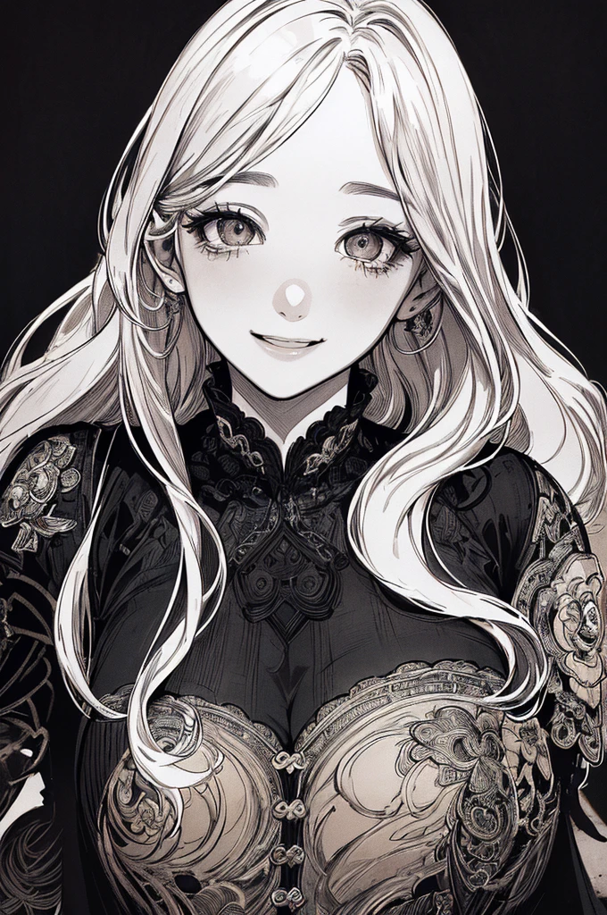 Highest quality, (Background details), High Contrast, Very beautiful woman, Detailed original illustrations、functional、Delicate face、charm、sexy、Real breasts、 Head close-up, Black background, (Black background: 1.5), Beautiful line art、Monochrome