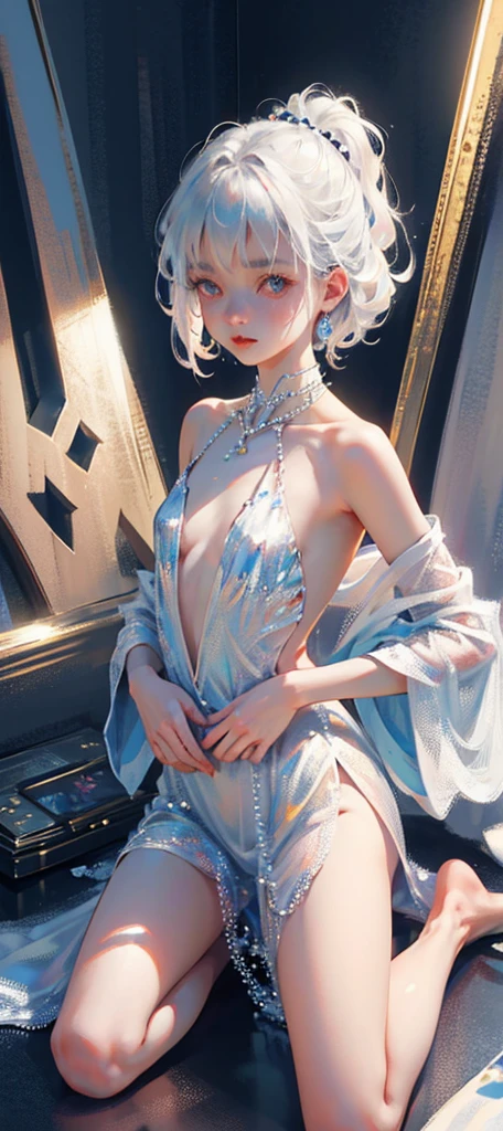 A girl、symmetry,Daughter,whole body 女恋,Put your hands together and bloom,(Very detailed:1.1),((small :1.2))、The eyes are well drawn、Charming eyes、Double tail、Wear jewelry and pearls around your neck,Transparent openwork、Deep V、Crystal Pearls、在Wear jewelry and pearls around your neck,white hair, show your thighs, Bare shoulders, Show Clavicle, Yao Liu, barefoot,((whole body))、painful posture