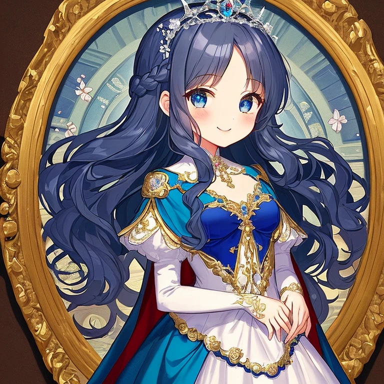 looking at viewer,(kawaii),(best quality),(ultra detailed), upper body,(rococo style),(long train blue cape:1.15), very long cape,(long train white ball gown with flower decorations:1.1), a girl is wearing a cape over her gown, 1 little princess, tiara, smile, very long hair, small breasts