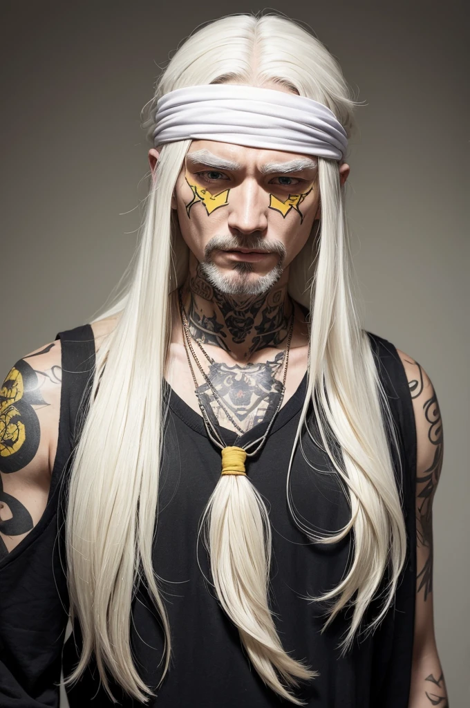 Man with long white hair, blindfolded by a noose, wearing old clothes, and several yellow tattoos on the body, art style comics