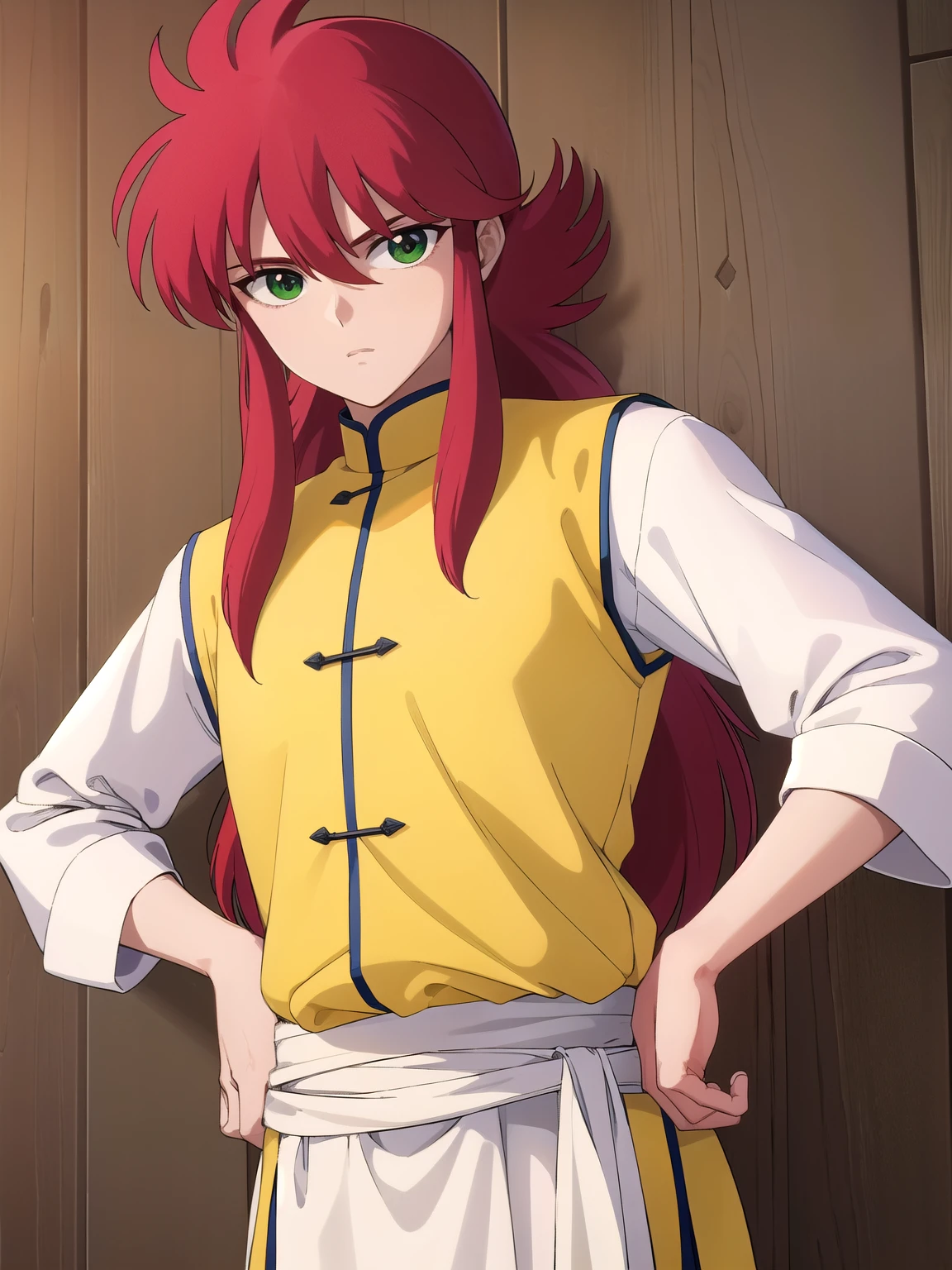 kurama, kurama, long hair, red hair, bangs, (green eyes:1.5), (retro artstyle:1.5), 1990s \(style\),
BREAK long sleeves, pants, chinese clothes, white pants, (yellow shirt:1.5), (white sleeves:1.5), (pelvic curtain:1.2), sash, sleeveless shirt, (((wood background)))
BREAK looking at viewer, cowboy shot,
BREAK (masterpiece:1.2), best quality, high resolution, unity 8k wallpaper, (illustration:0.8), (beautiful detailed eyes:1.6), extremely detailed face, perfect lighting, extremely detailed CG, (perfect hands, perfect anatomy),