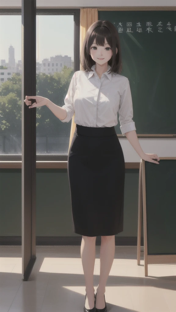 1 Woman Standing, Clothing of office workers, , Mature Woman, New teachers、/(Dark brown hair/) bangs, A light smile, (Masterpiece Top quality:1.2) Delicate illustrations, super detailed, Big Break /(Standing at the podium/), (In front of the blackboard:1.2)、View of the schoolyard from the window<