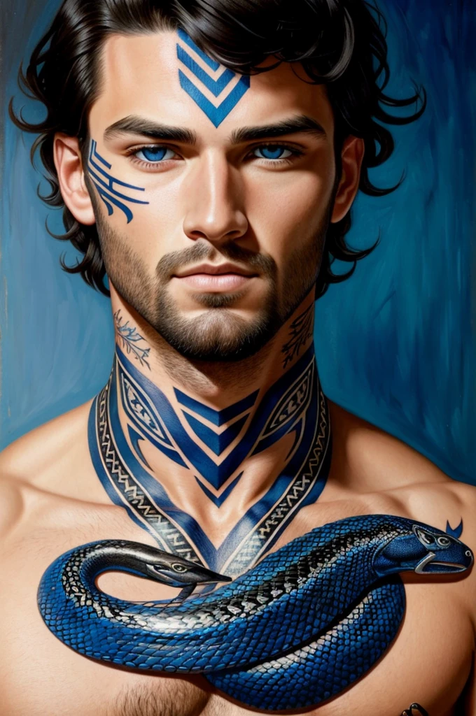 ultra realistic portrait painting of a perfect handsome man blue eyes black hair, neck tribal snake tattoo, painted by Tristan Eaton Stanley Artgerm and Tom Bagshaw