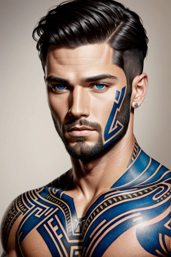 ultra realistic portrait painting of a perfect handsome man blue eyes black hair, neck tribal snake tattoo, painted by Tristan Eaton Stanley Artgerm and Tom Bagshaw