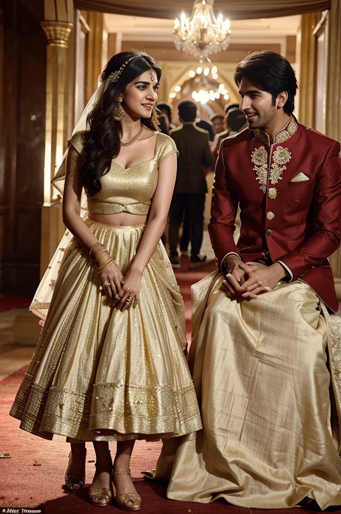 Kartik AARyan and kriti sanon wedding pictures background is golden and they both wear golden dresses a royal wedding every actor present there everyone looks so happy