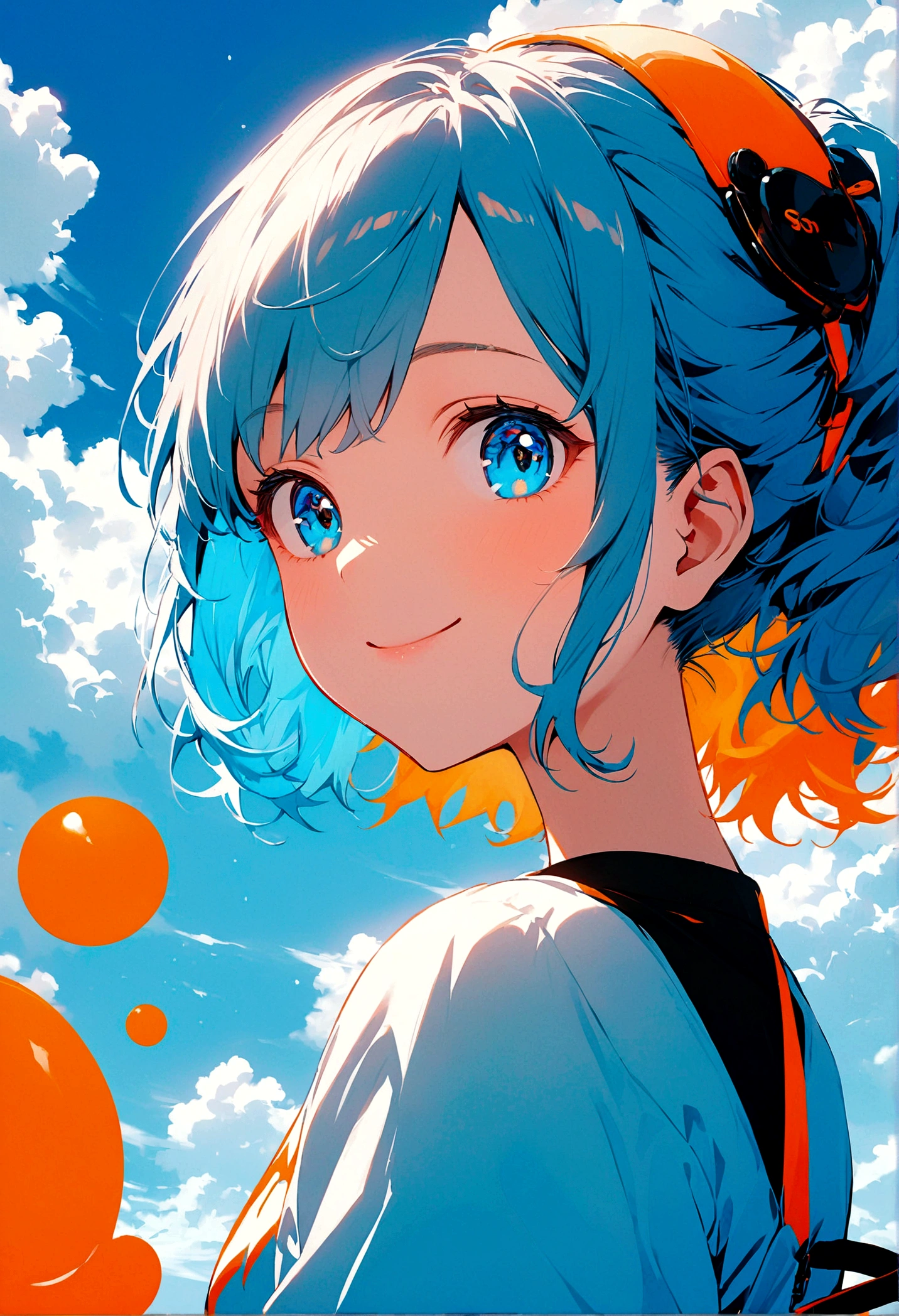 Whole body visible, 1 girl, solo, blue eyes, blue background, bright, blue sky, clouds, sunny, youth, blue and white main color, orange sub color, ink, solo focus, cool, love, accessories, smiling, beautiful hairstyle , beautiful eyes, shiny, ultra-high image quality,