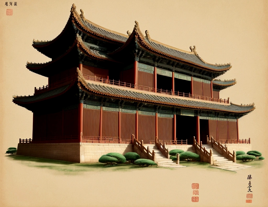 A huge moon,Below is a small ancient Chinese building,Buildings account for a small proportion,outdoor,There are landscapes on the side,Illustration Art,Chinese ancient painting style,Song dynasty painting style,Retro Style,Beige tones,Floor plan,Zen,Super Fine,4k ultra high definition