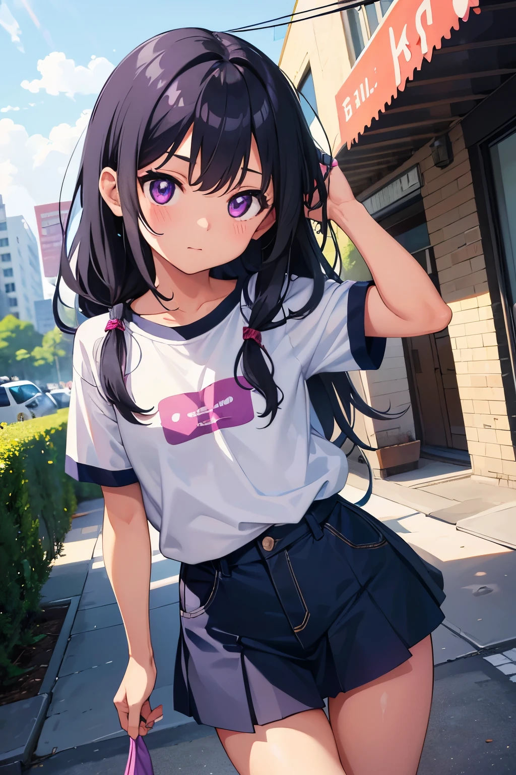 Elementary school girl, , toddler　Flat chest, black hair, long hair, purple eyes （One person） Black short-sleeved T-shirt　Navy blue denim mini skirt　White panties（（I can see her panties））barefoot　 Girl&#39;s Room　Are standing　 Dynamic Angle　Low - Angle