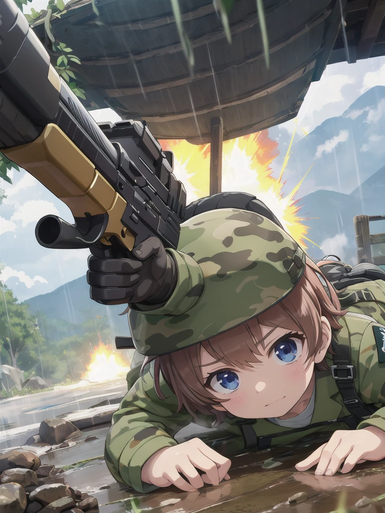 high quality,masterpiece,************,blue eyes,Outdoor,顔 focus,Brown Hair, short hair, ponytail,Military camouflage uniform,Green helmet,heavy rain,In the mountains,cloudy,Muddy clothes,He has a gun,Crawling on the ground,Point the gun this way,serious,Ruthless eyes,Intense gunfight,((Massive explosion)),A lot of black smoke,