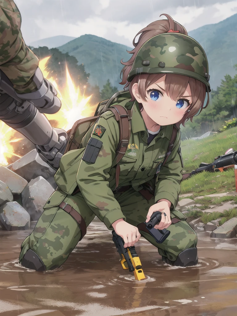 high quality,masterpiece,12 years old,blue eyes,Outdoor,顔 focus,Brown Hair, short hair, ponytail,Military camouflage uniform,Green helmet,heavy rain,In the mountains,cloudy,Muddy clothes,He has a gun,Crawling on the ground,Point the gun this way,serious,Ruthless eyes,Intense gunfight,((Massive explosion)),A lot of black smoke,