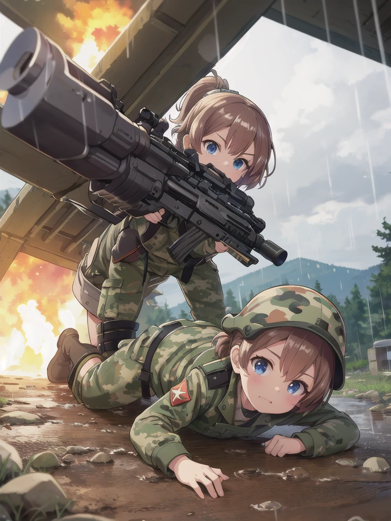 high quality,masterpiece,************,blue eyes,Outdoor,顔 focus,Brown Hair, short hair, ponytail,Military camouflage uniform,Green helmet,heavy rain,In the mountains,cloudy,Muddy clothes,He has a gun,Crawling on the ground,Point the gun this way,serious,Ruthless eyes,Intense gunfight,((Massive explosion)),A lot of black smoke,