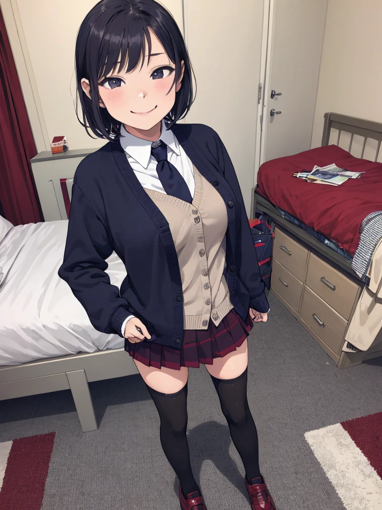 1girl,yo,,my room,,standing,uniform,cardigans,miniskirt,looking viewer,(smirk),thighhighs,shoes,big breasts