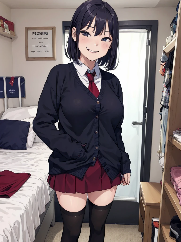 1girl,yo,,my room,,standing,uniform,cardigans,miniskirt,looking viewer,(smirk),thighhighs,shoes,big breasts