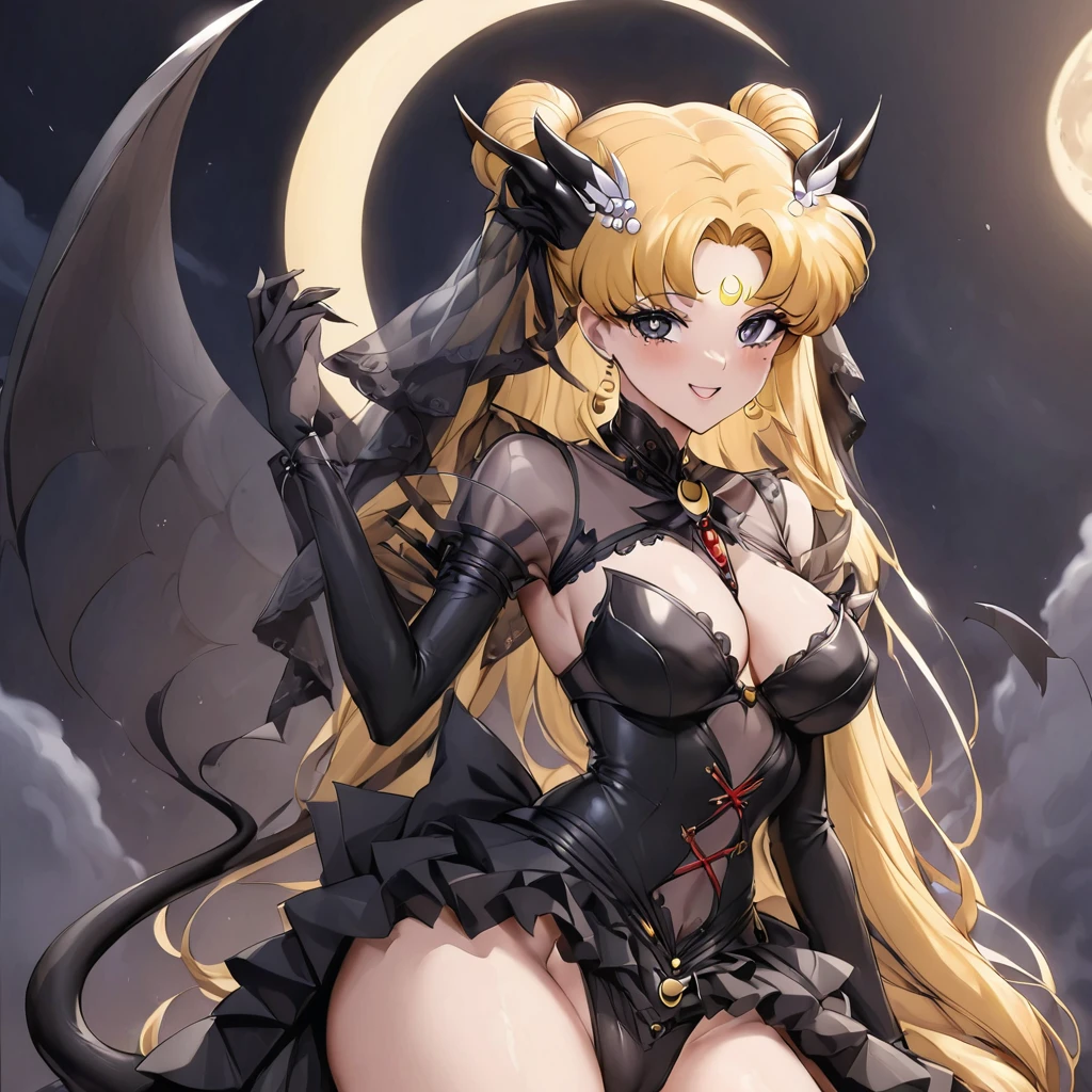 ((Highest quality)), ((masterpiece)), (detailed), (Perfect Face)、The woman is the dark queen of the Black Moon clan, the demon queen Princess Serenity, and the woman is the jet-black, y demon princess Serenity.、The woman is a jet-black female demon with magnificent devil horns, jet-black devil wings, and a jet-black tail. Her skin is jet-black, and she has a black inverted crescent moon mark on her forehead. She is a devil bride wearing a gorgeous black Gothic Victorian wedding dress and a black wedding veil. She is the jet-black demon Princess Serenity, and has blonde hair with a happy expression as she looks at the camera.2The expression of a girl in love with her long hair tiee is Princess Serenity、Punishment pose on behalf of the moon